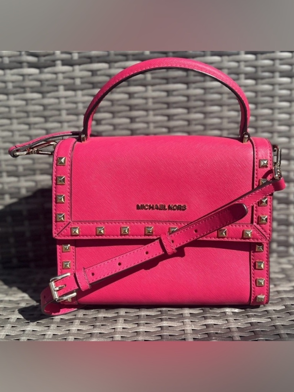Michael Kors Dillon Studded Top Handle Medium Messenger Bag Ultra Pink